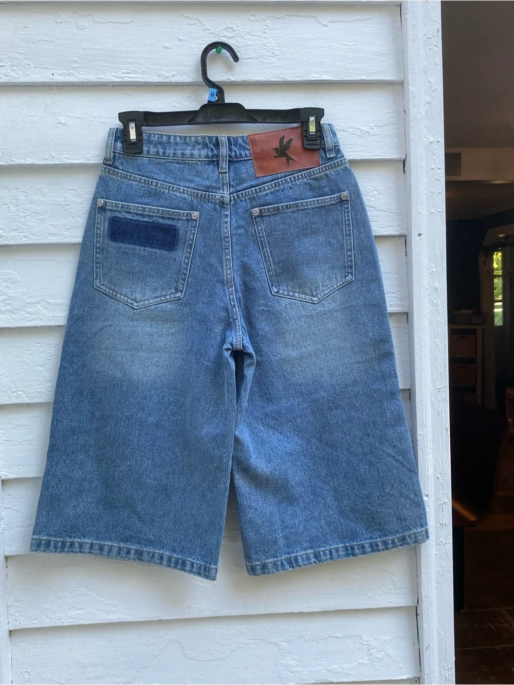 One Teaspoon Denim 720s Long Length Shorts Wide Leg Front Shadow Patch Detail